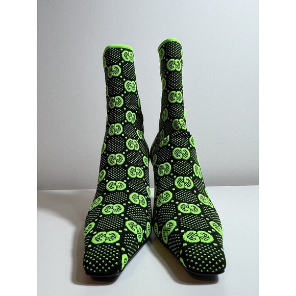 GUCCI 1250$ Women's Black Green GG Knit Ankle Boots - Pointed Toe G EU 37.5 - Picture 4 of 9